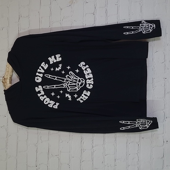 People Give Me The Creeps Skeleton Halloween Hooded Long Sleeve Shirt Womens Med - Picture 3 of 12